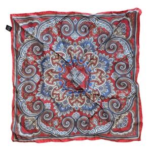 100% Silk Pocket Square red paisley and scrollwork motif blue and gold